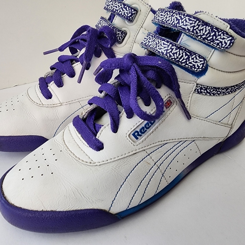 Reebok Classic Freestyle Hi-Top Sneakers White Purple Blue Kids 4.5